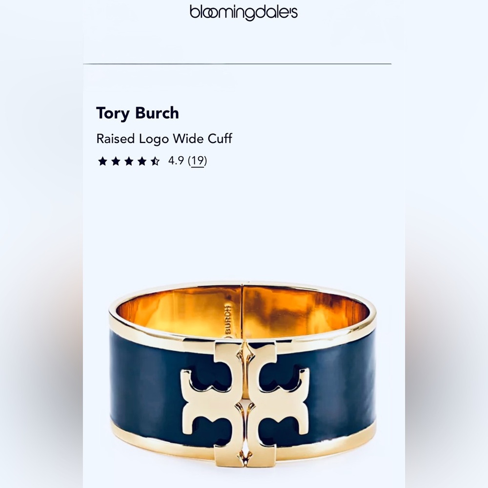 Tory Burch Wide Raised Logo Hinged Gold-tone and Navy Blue Enamel Cuff Bracelet
